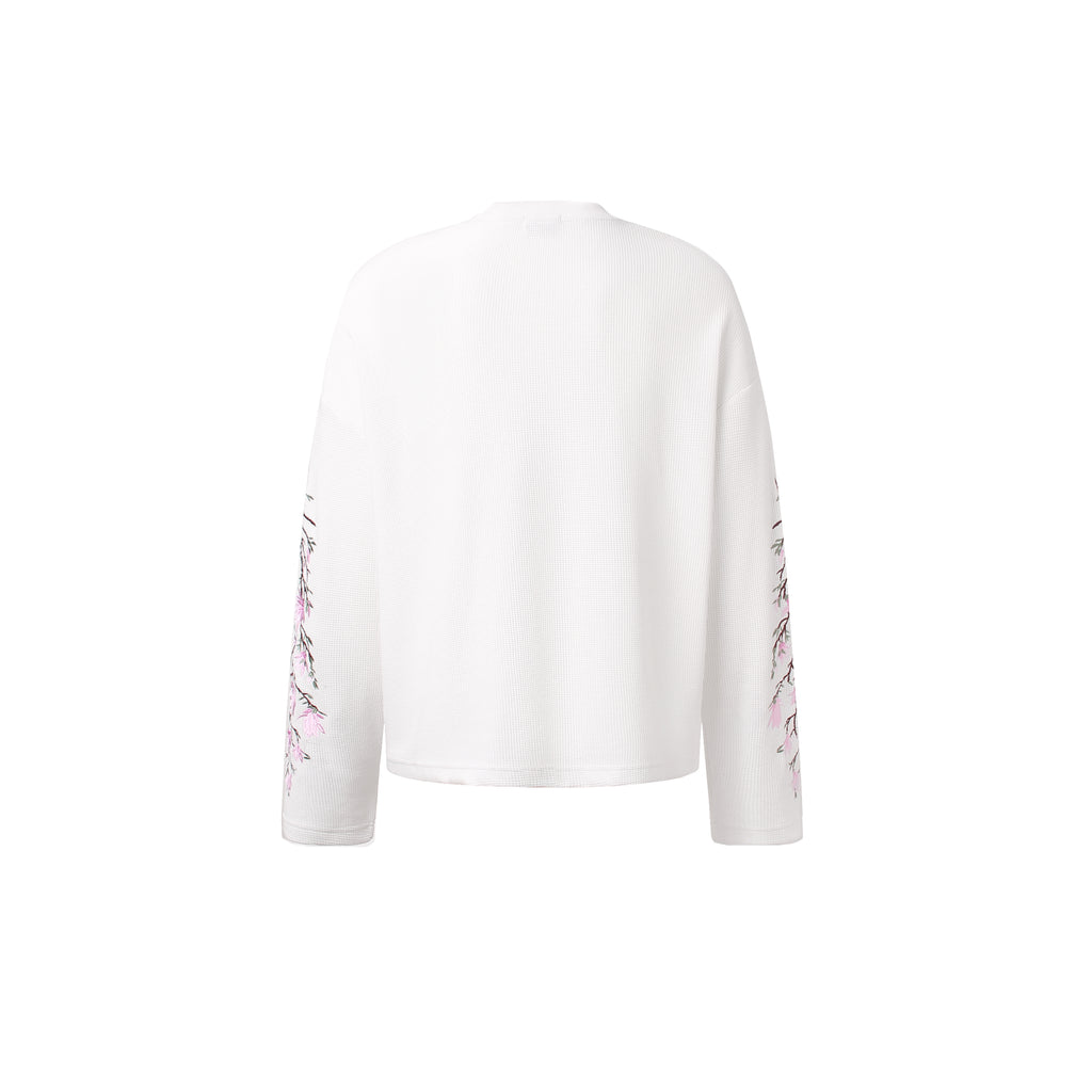 DONOTLOGO Urban Streetwear Collection | Unisex Relaxed Silhouette Tee | Elegant Peach Blossom Embroidery & Soft Waffle Knit Fabric
