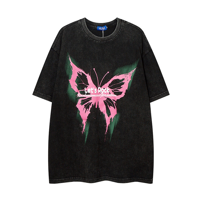 DONOTLOGO Heavy Acid Washed Butterfly Print Tee | Unisex Y2K Oversized Streetwear Top | Retro High Street Summer Shirt