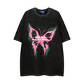DONOTLOGO Heavy Acid Washed Butterfly Print Tee | Unisex Y2K Oversized Streetwear Top | Retro High Street Summer Shirt