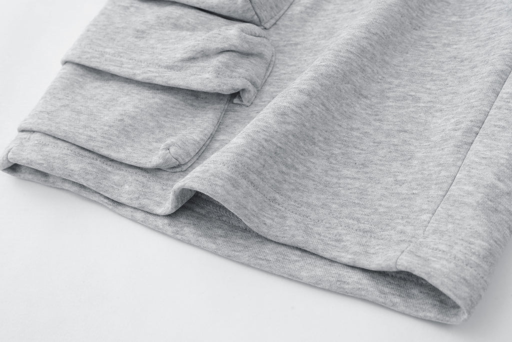 DONOTLOGO Oversized Grey Utility Shorts | Unisex Drawstring Cargo Capris | Streetwear Baggy Sweatshorts with Zipper Detail