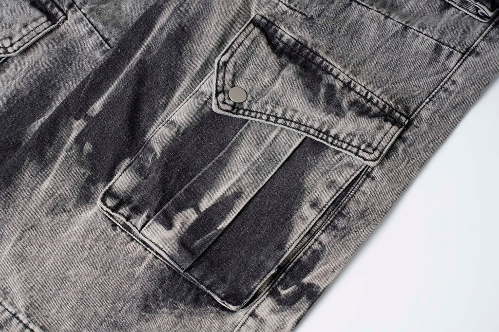 DONOTLOGO "Acid Wash" Heavyweight Cargo Denim - Distressed Tie-Dye Wide Leg Jeans with Multi-Flap Pockets - American High Street Style