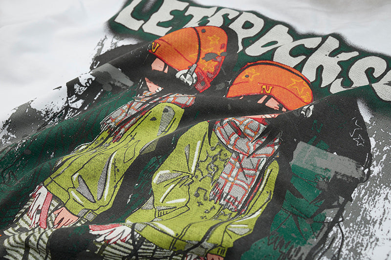 DONOTLOGO Oversized Distressed Graphic Tee - Unisex Short Sleeve T-Shirt with "LET'S ROCK SON" Print & Raw Hem - Edgy Streetwear Top with Loose Fit Silhouette