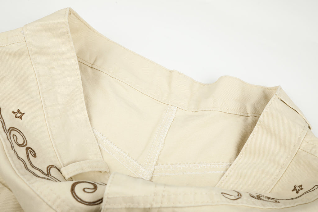 DONOTLOGO Rodeo Dream Collection | Unisex Relaxed Fit Denim-Style Cropped Pants | Bold Star & Scroll Embroidery Detail with High-Rise Waistband
