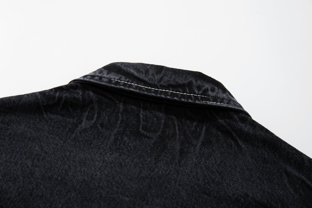 DONOTLOGO Deconstructed Black Denim Jacket - Raw Edge Acid Wash Oversized Jean Jacket - Unisex Grunge Aesthetic Vintage Streetwear