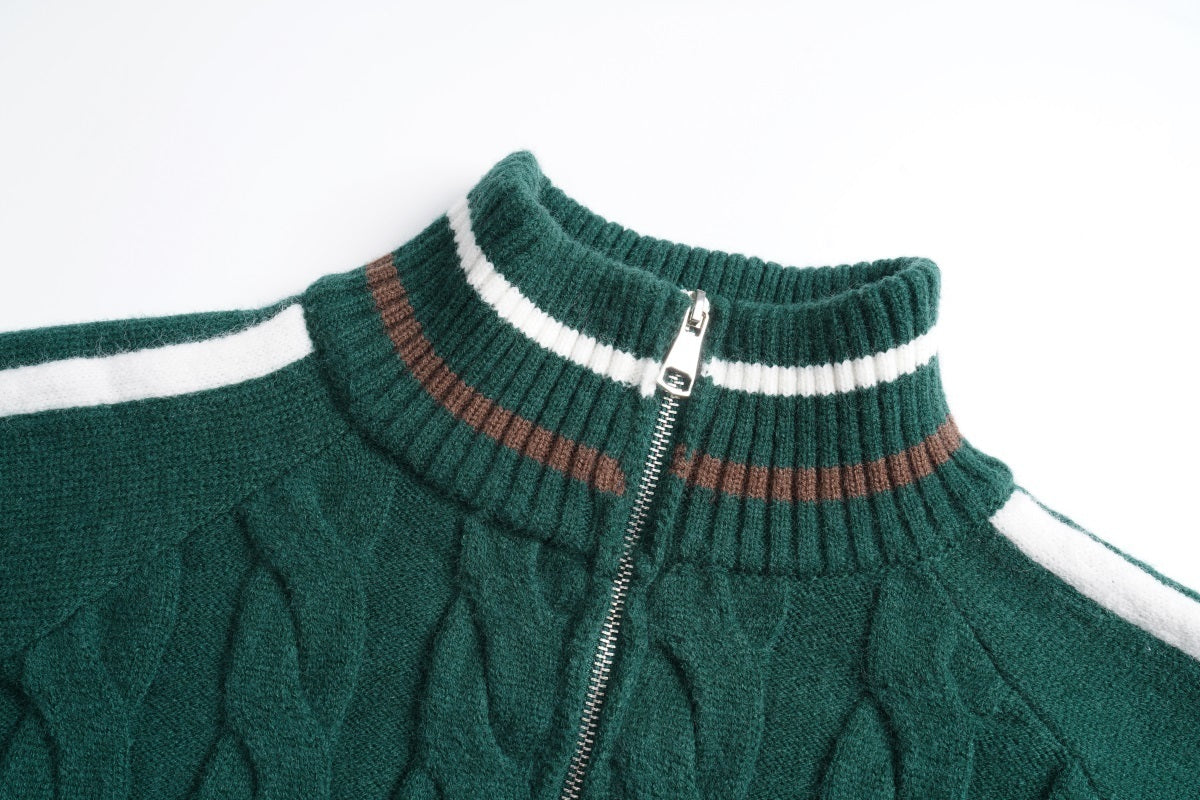 Unisex College-Style Half-Zip Cable Knit Sweater with Color-Block Lines and Stand Collar