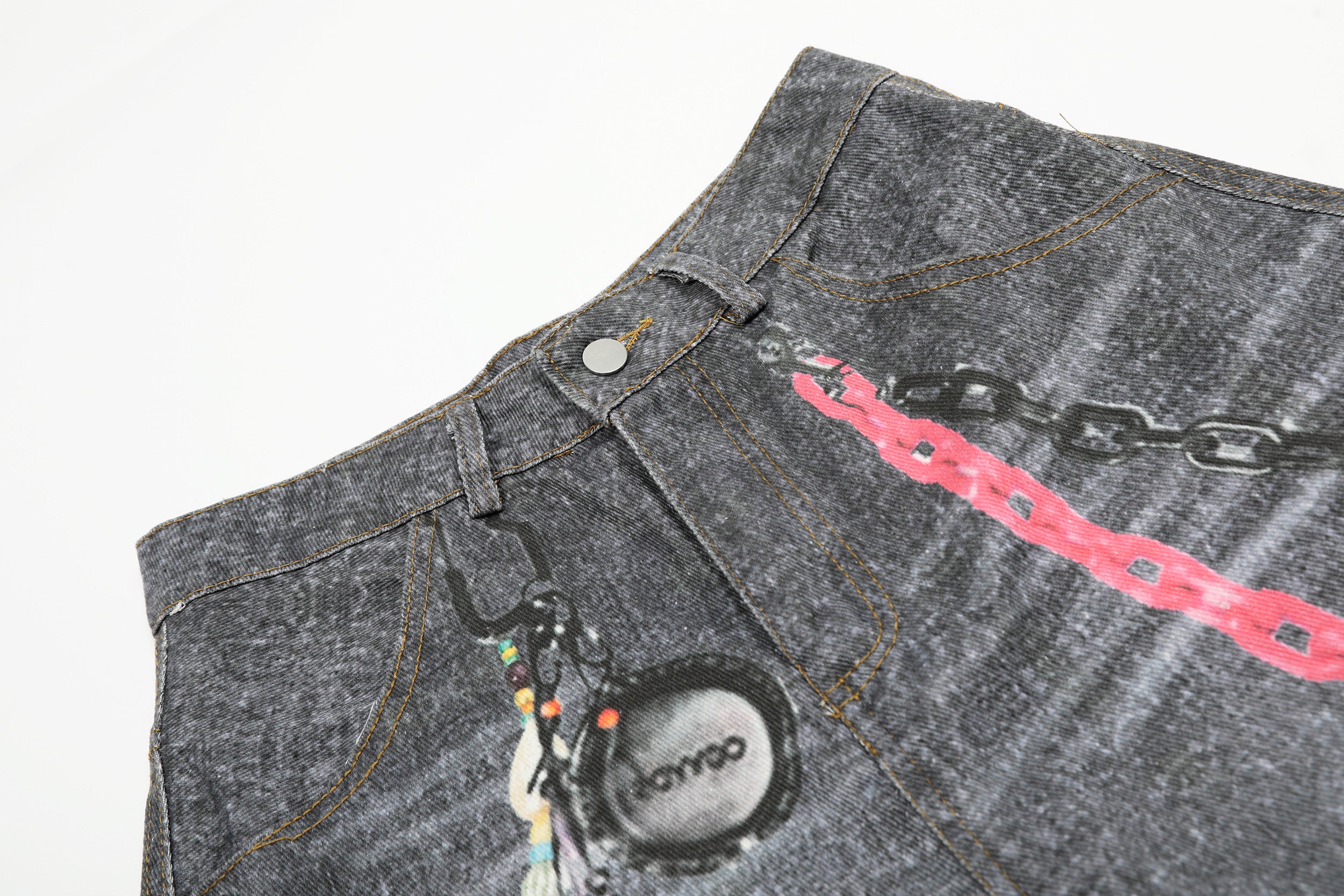 Unisex Vintage Chain Print Denim Jeans