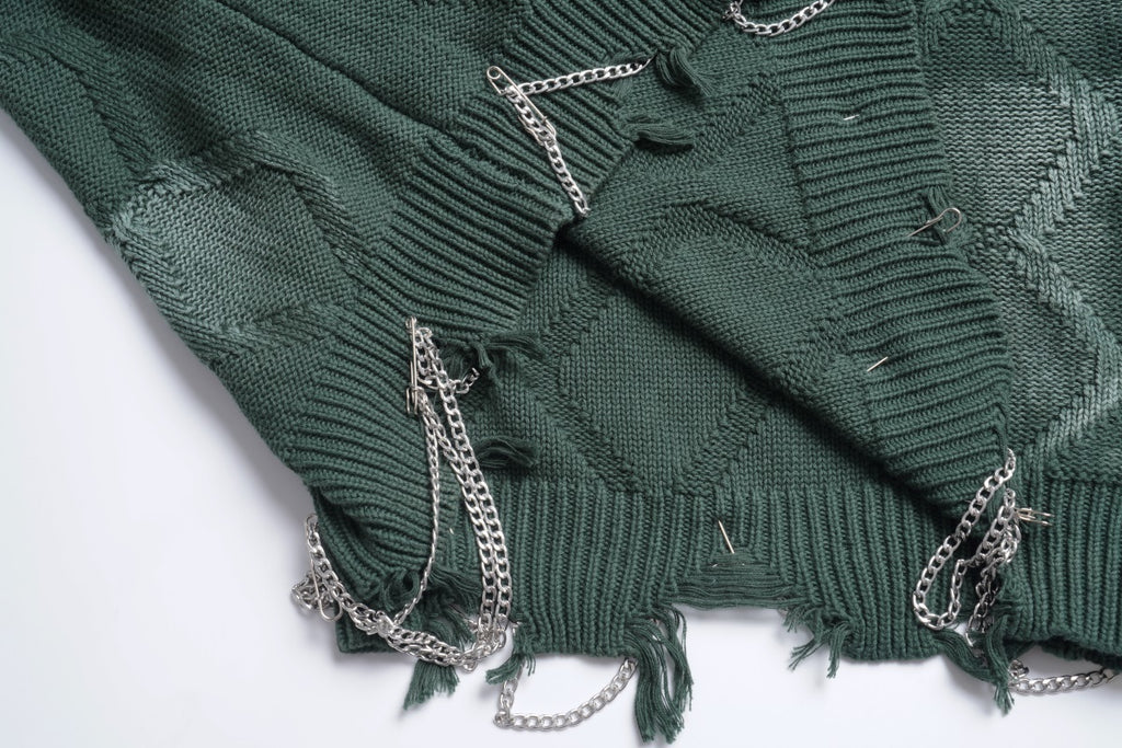 Unisex Crewneck Sweater with Irregular Paint and Chain Detail