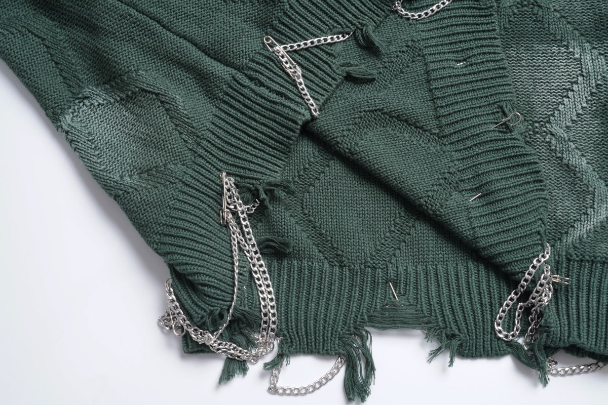 Unisex Crewneck Sweater with Irregular Paint and Chain Detail