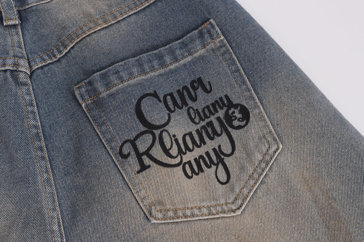 DONOTLOGO Grunge Streetwear Aesthetic | Unisex Oversized Balloon Jeans | Mud-Wash Denim with Detachable Plaid Sash & Gothic Embroidery
