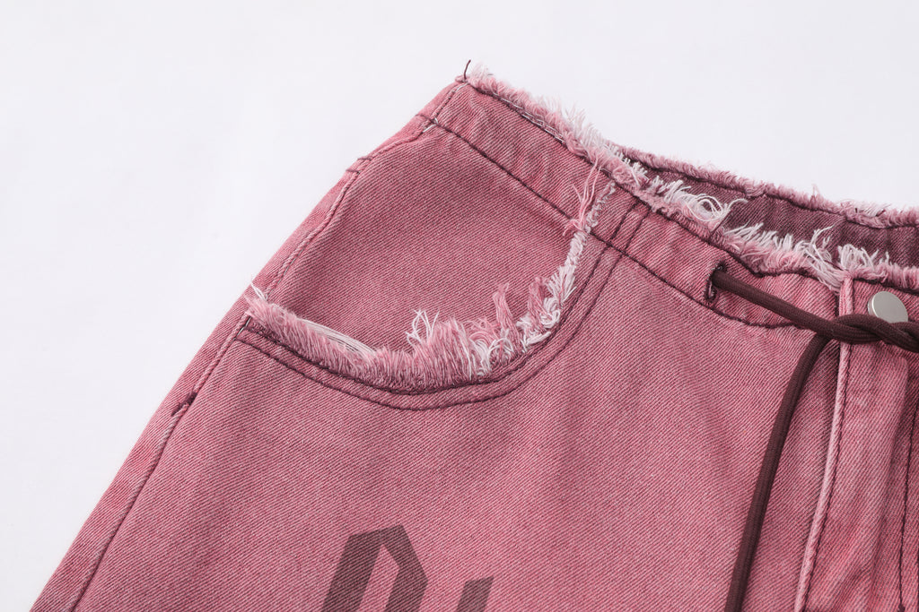 DONOTLOGO Ombre Letter Graphic Denim Shorts | Unisex Distressed Raw Hem Capris | Retro Streetwear Baggy Fit