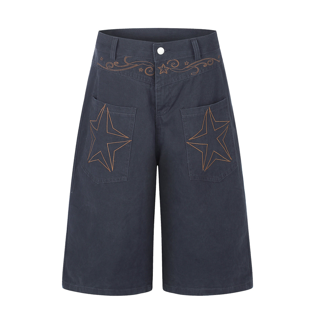 DONOTLOGO Rodeo Dream Collection | Unisex Relaxed Fit Denim-Style Cropped Pants | Bold Star & Scroll Embroidery Detail with High-Rise Waistband