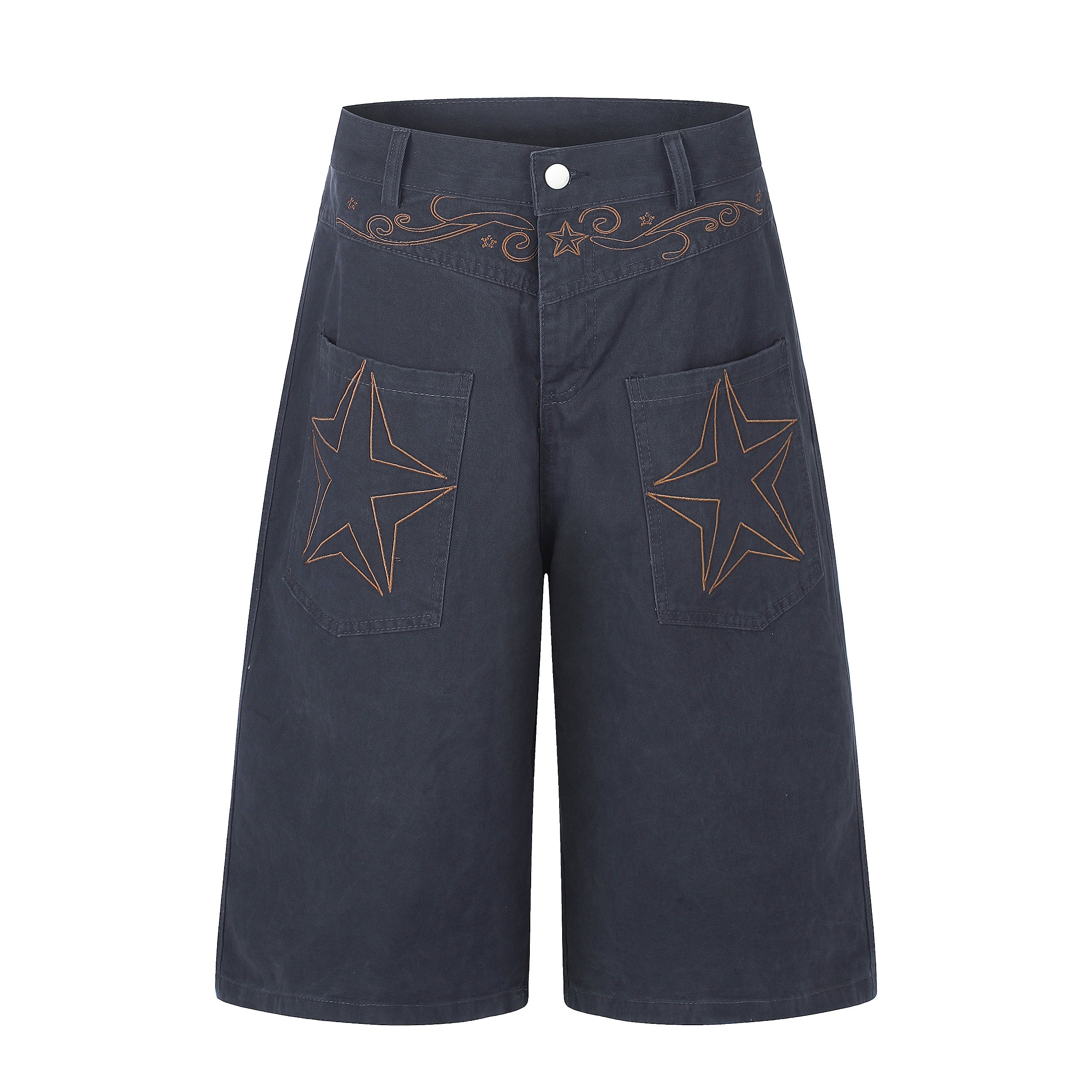 DONOTLOGO Rodeo Dream Collection | Unisex Relaxed Fit Denim-Style Cropped Pants | Bold Star & Scroll Embroidery Detail with High-Rise Waistband