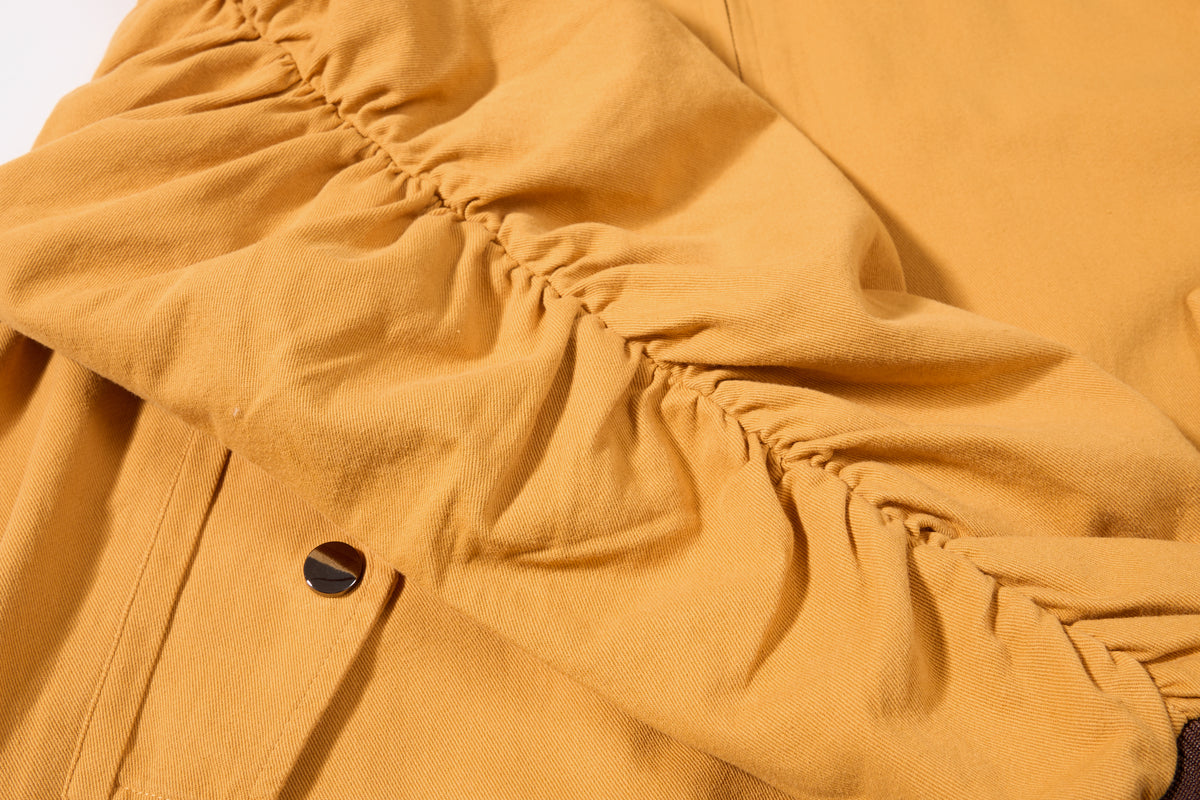 DONOTLOGO Retro Air Force Aesthetic | Unisex Heavyweight Cotton Bomber | Mustard Tone Workwear Jacket with Vintage Badge Details & Ribbed Trim