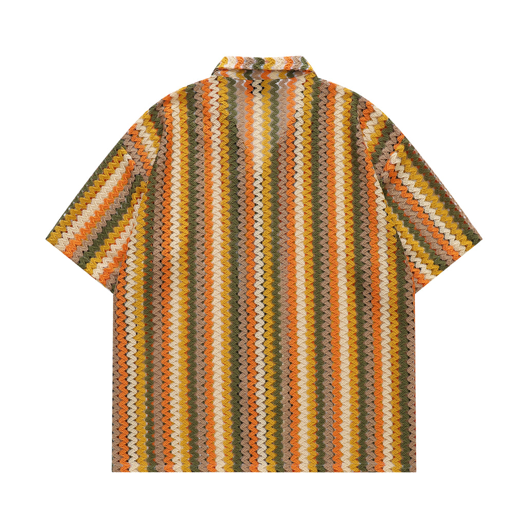 DONOTLOGO 70s Vibe Striped Knit Shirt | Unisex Y2K Cuban Collar Top with Zigzag Print | High Street Relaxed Fit Summer Blouse