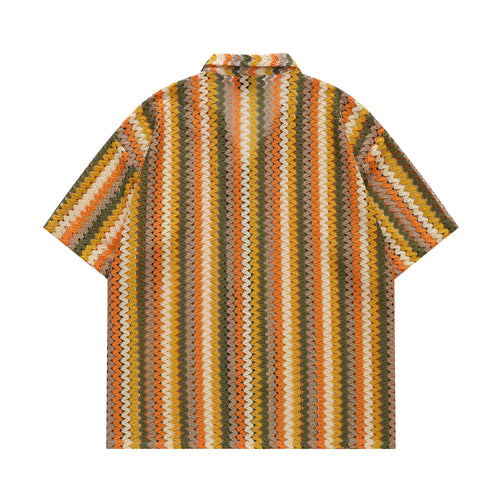 DONOTLOGO 70s Vibe Striped Knit Shirt | Unisex Y2K Cuban Collar Top with Zigzag Print | High Street Relaxed Fit Summer Blouse
