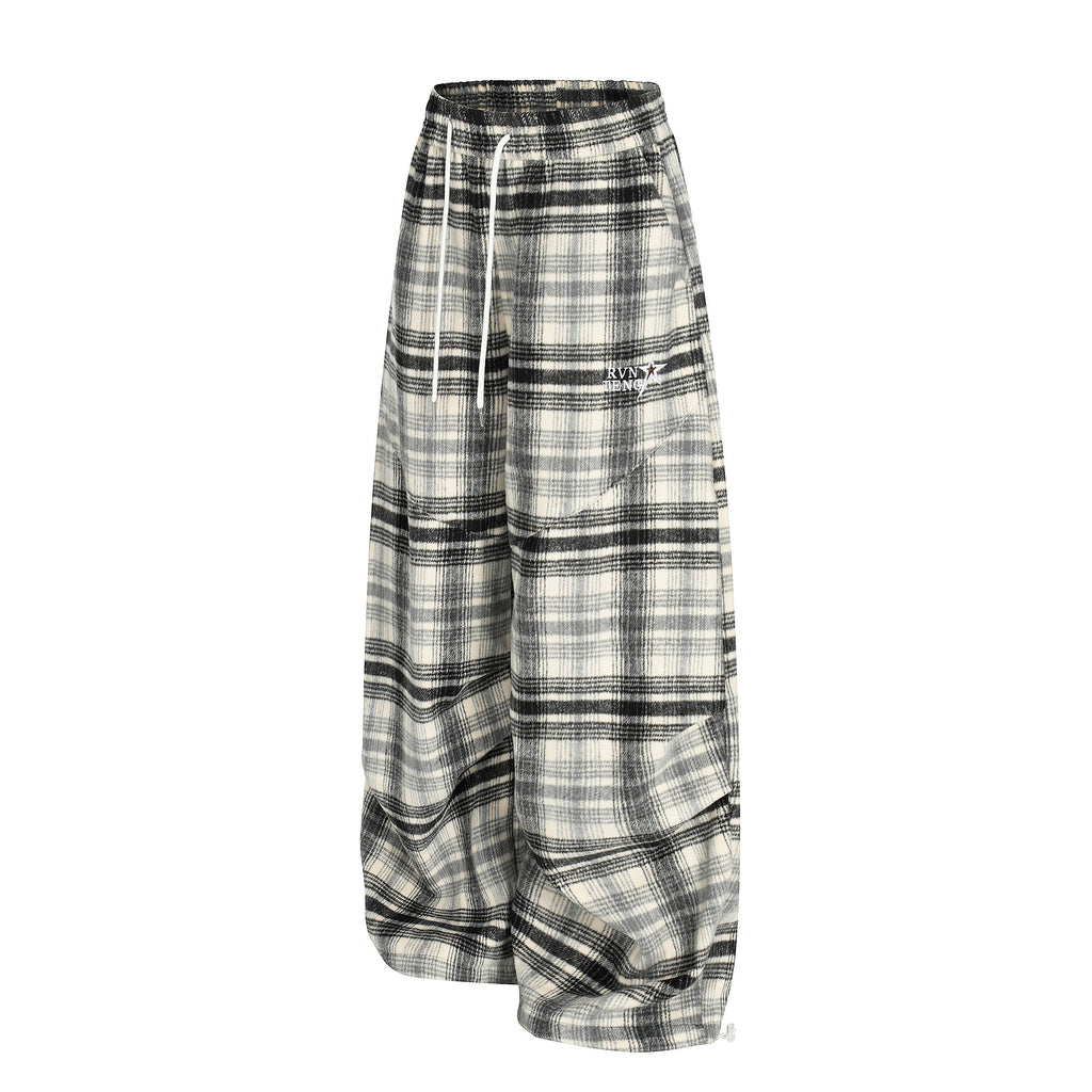 DONOTLOGO Unisex Vintage Plaid Wide-Leg Pants | Curved Fit, Drawstring Waist | Embroidered Detail | Casual Streetwear Must-Have