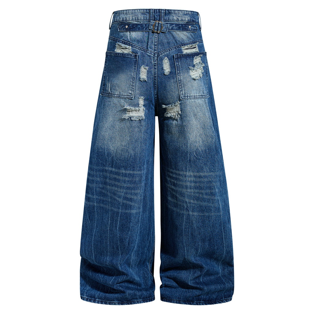 DONOTLOGO Heavy Distressed Wide-Leg Denim | Unisex Y2K Ripped Baggy Jeans | Vintage Blue High Street Oversized Trousers