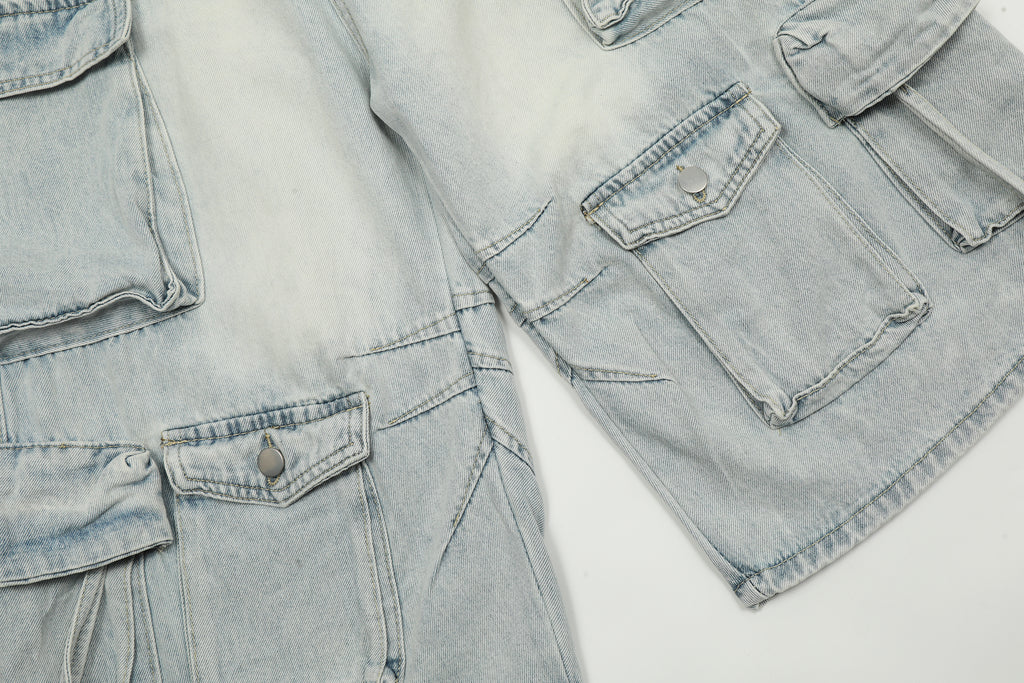 Unisex Vintage Washed Multi-Pocket Denim Cargo Pants