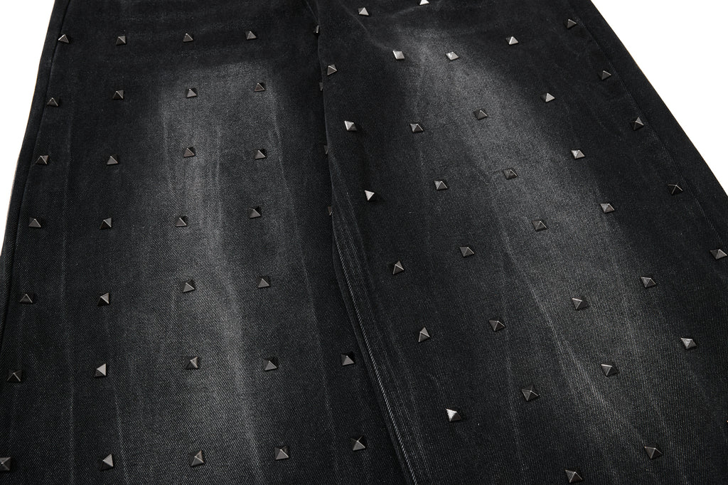 DONOTLOGO Heavy Studded Wide-Leg Denim | Unisex Y2K Punk Rock Rivet Jeans | Vintage Black High Street Oversized Trousers