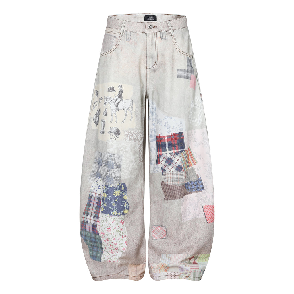 Unisex Distressed 3D Printed Checkered Patchwork Denim Jeans