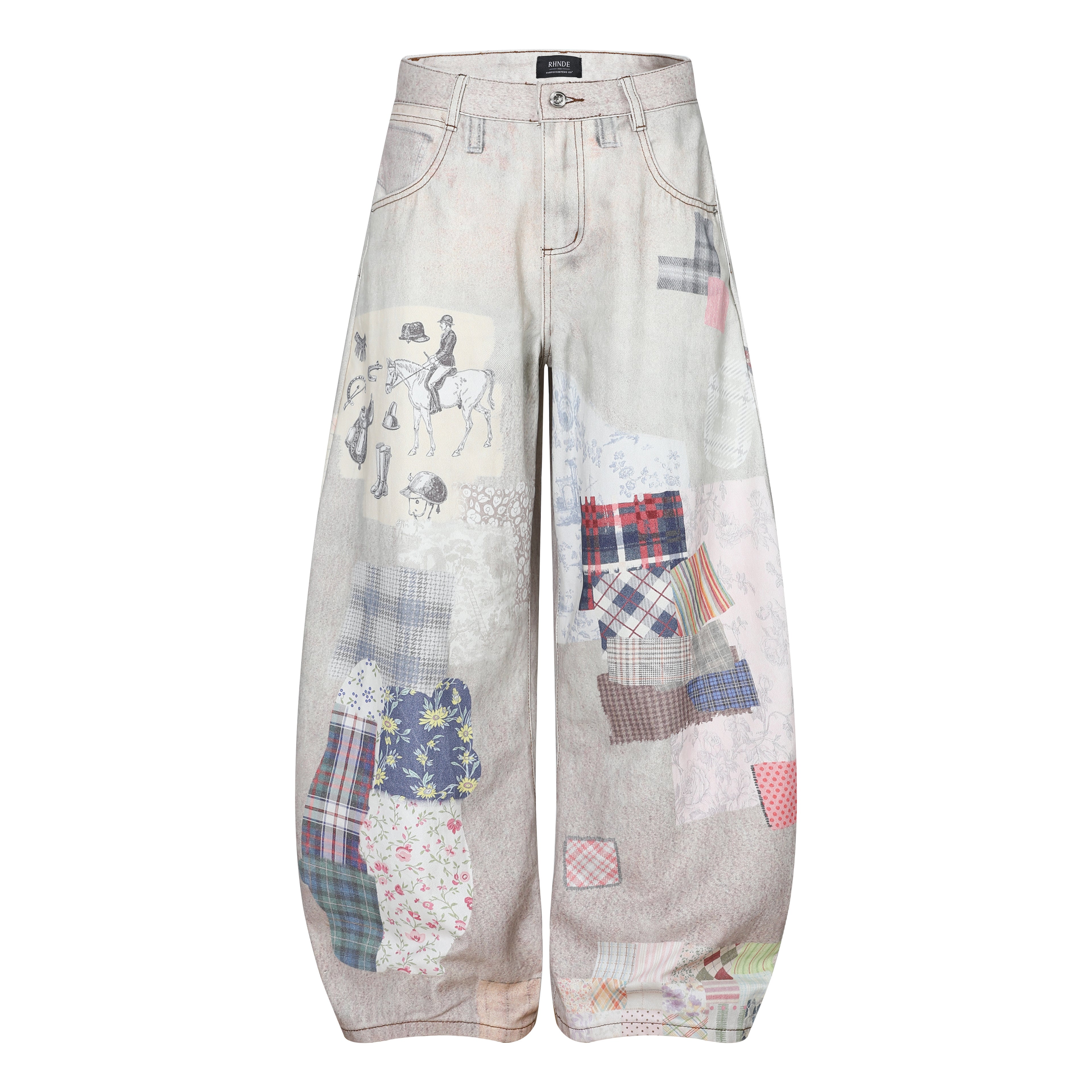Unisex Distressed 3D Printed Checkered Patchwork Denim Jeans