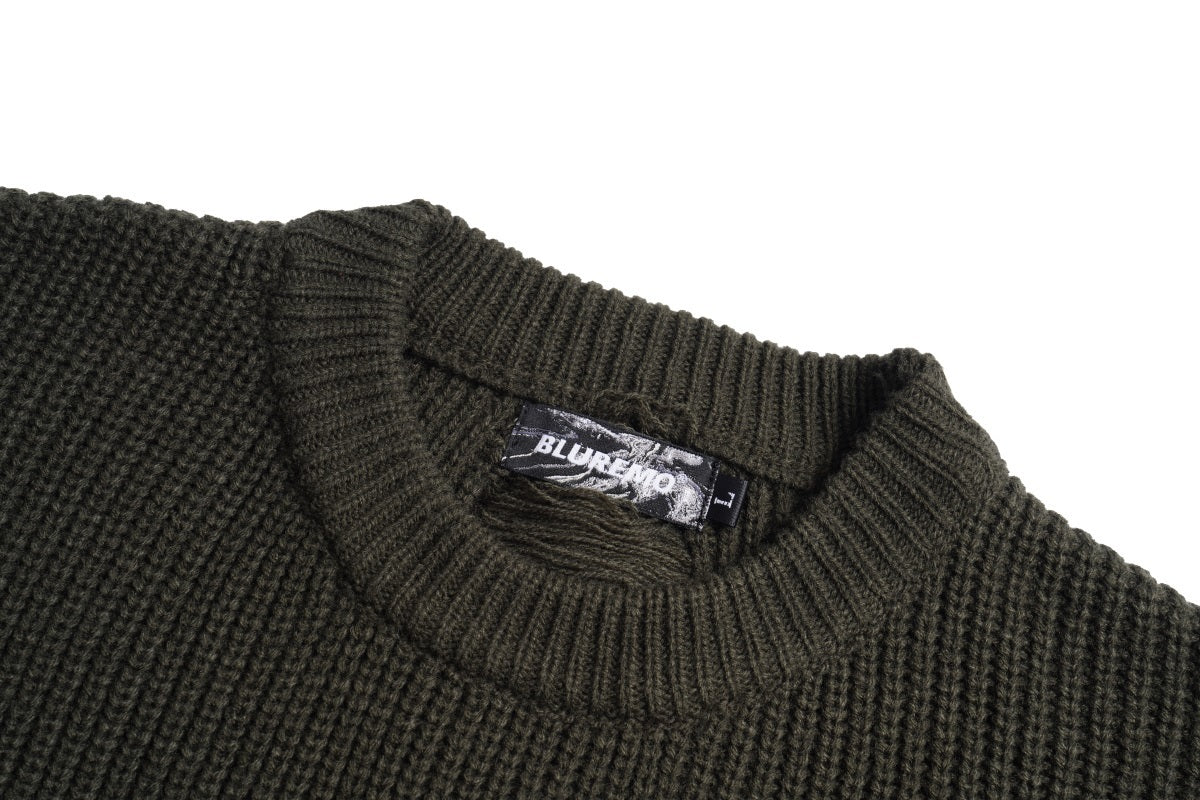 Unisex Knit Sweater with Distressed Letter Embroidery and Chain Details