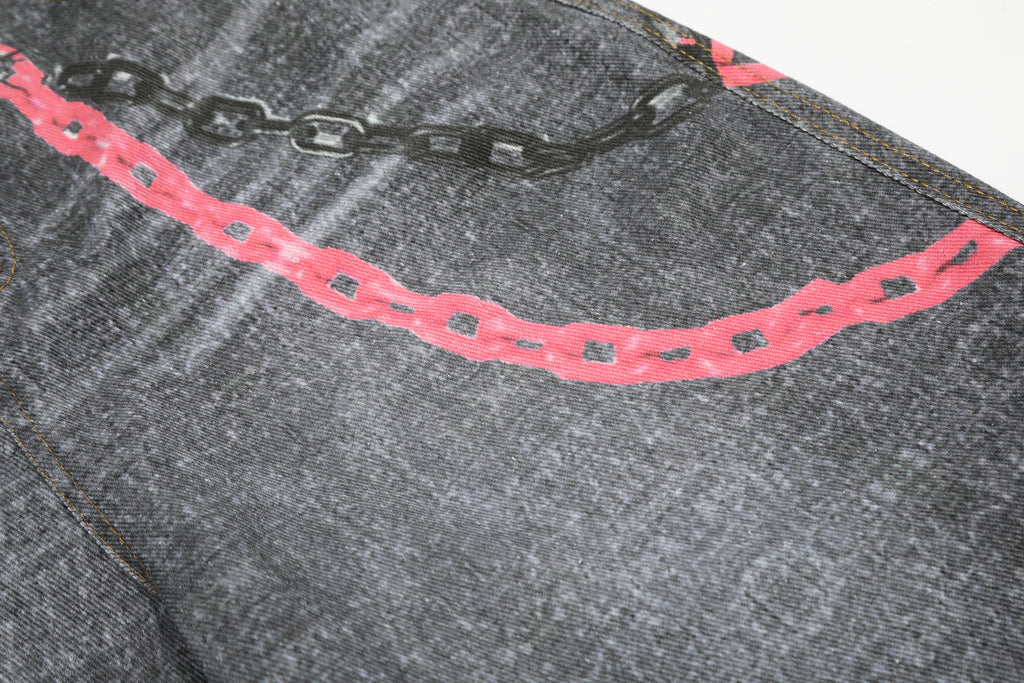 Unisex Vintage Chain Print Denim Jeans