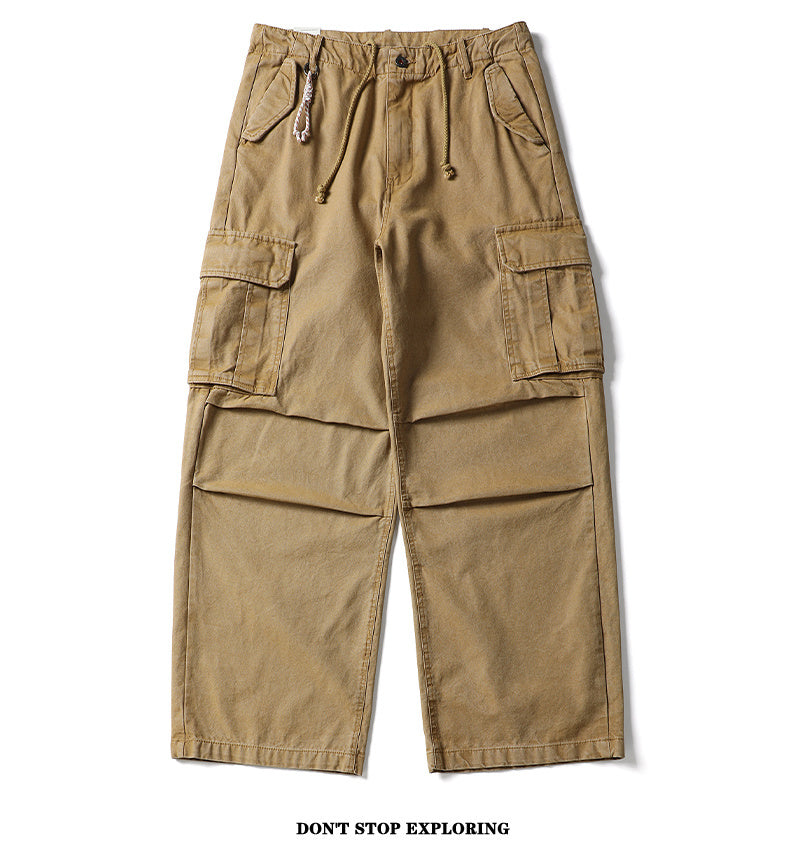 Unisex Vintage Washed Distressed Casual Pants with Large Pockets