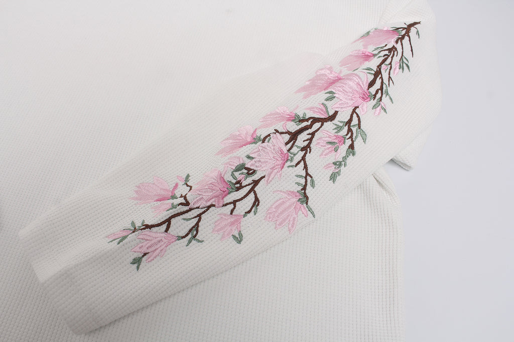 DONOTLOGO Urban Streetwear Collection | Unisex Relaxed Silhouette Tee | Elegant Peach Blossom Embroidery & Soft Waffle Knit Fabric