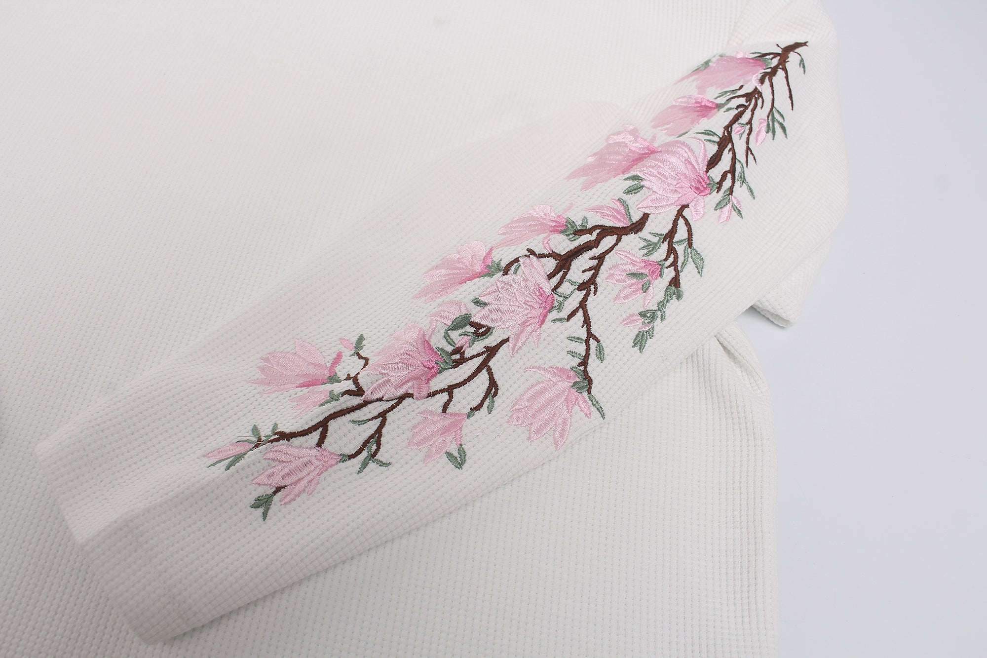 DONOTLOGO Urban Streetwear Collection | Unisex Relaxed Silhouette Tee | Elegant Peach Blossom Embroidery & Soft Waffle Knit Fabric