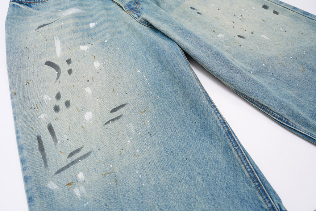 DONOTLOGO Street Art Revival Collection | Unisex Relaxed Fit Denim Shorts | Bold Paint Splatter Seaming & Faded Wash Finish with Classic Cotton Denim Fabric