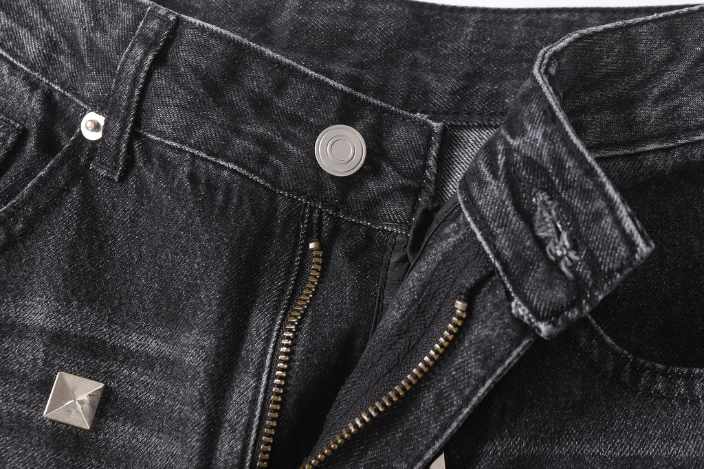 DONOTLOGO Deconstructed Black Baggy Denim Pants | Unisex Y2K Wide Leg Trousers with Bold Metal Studs | High Street Relaxed Fit Bottoms