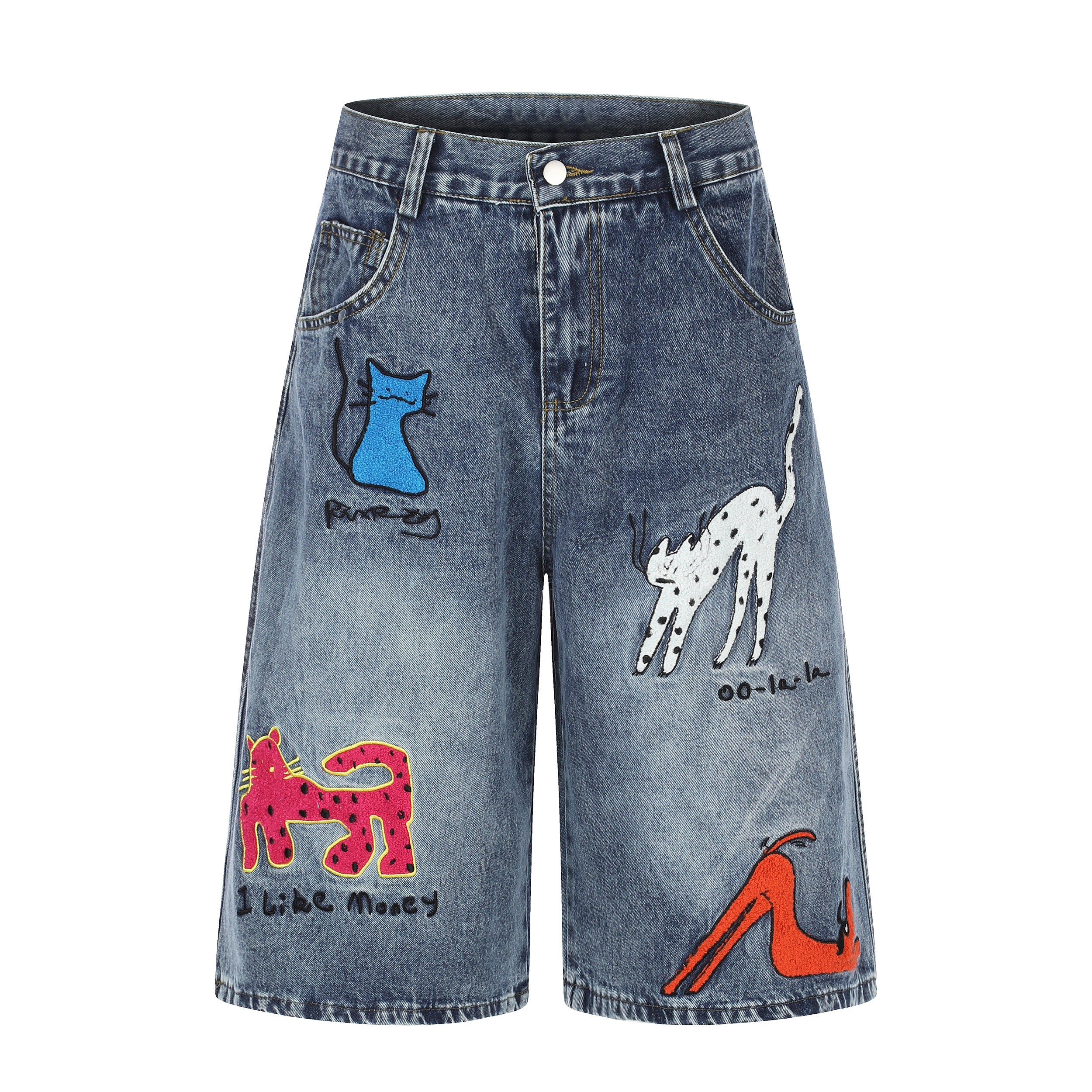 DONOTLOGO Urban Feline Art Collection | Unisex Relaxed Fit Denim Cropped Pants | Playful Multi-Color Cat & Text Embroidery Detail with Vintage Wash Finish