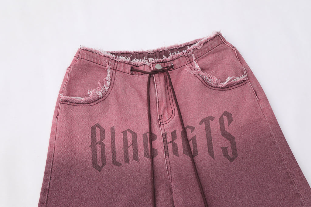 DONOTLOGO Ombre Letter Graphic Denim Shorts | Unisex Distressed Raw Hem Capris | Retro Streetwear Baggy Fit