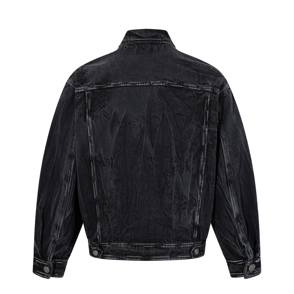 DONOTLOGO Deconstructed Black Denim Jacket - Raw Edge Acid Wash Oversized Jean Jacket - Unisex Grunge Aesthetic Vintage Streetwear