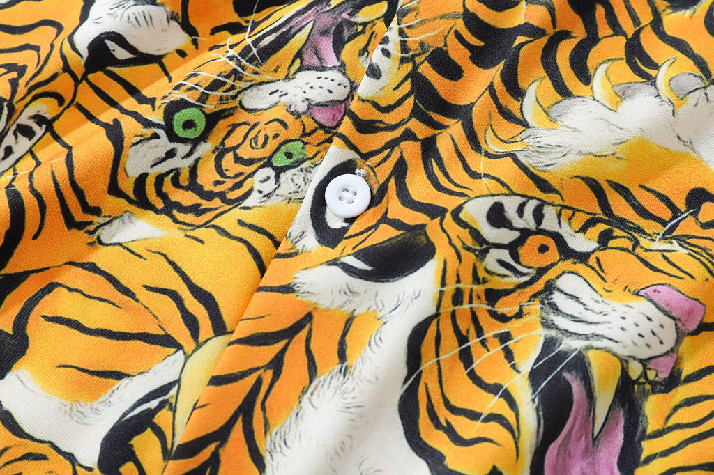 DONOTLOGO Roaring Tiger Head Cuban Collar Shirt | Vintage Style | All-Over Tiger Print | Relaxed Fit, Slimming