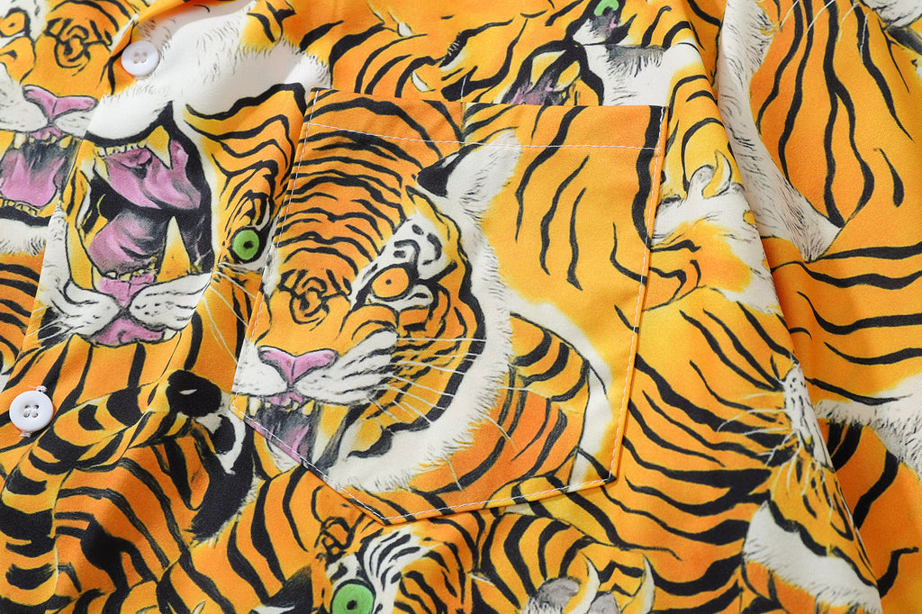 DONOTLOGO Roaring Tiger Head Cuban Collar Shirt | Vintage Style | All-Over Tiger Print | Relaxed Fit, Slimming