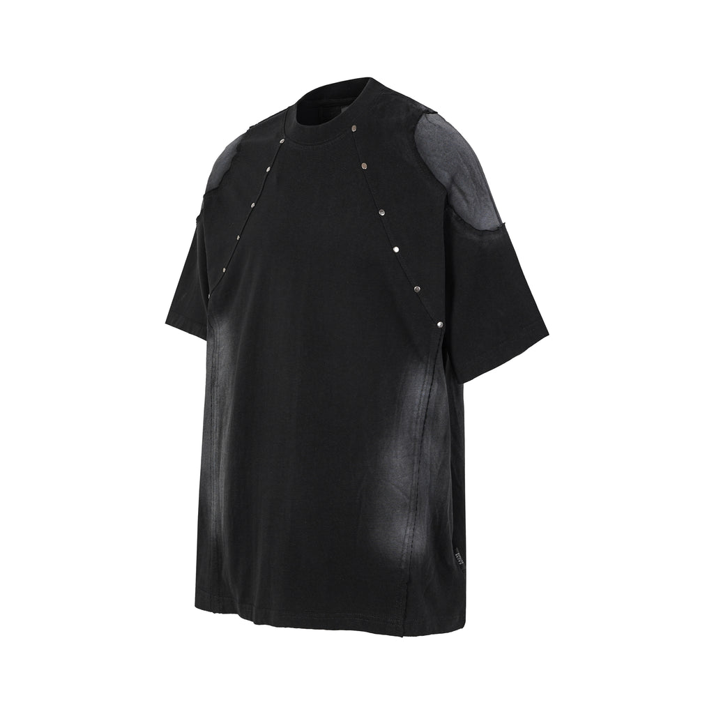 DONOTLOGO Industrial Edge Collection | Unisex Relaxed Fit Deconstructed Tee | Bold Diagonal Rivet Seaming & Faded Wash Finish with Heavyweight Cotton Fabric