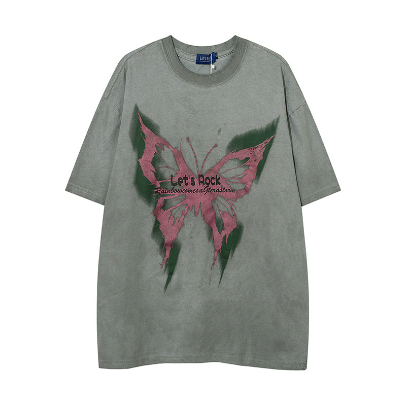 DONOTLOGO Heavy Acid Washed Butterfly Print Tee | Unisex Y2K Oversized Streetwear Top | Retro High Street Summer Shirt