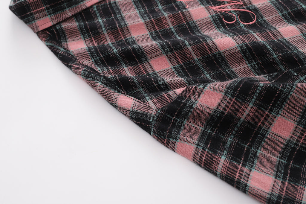 DONOTLOGO Unisex Pink Black Plaid Shirt | Embroidered Detail, Loose Fit | Casual Summer Essential