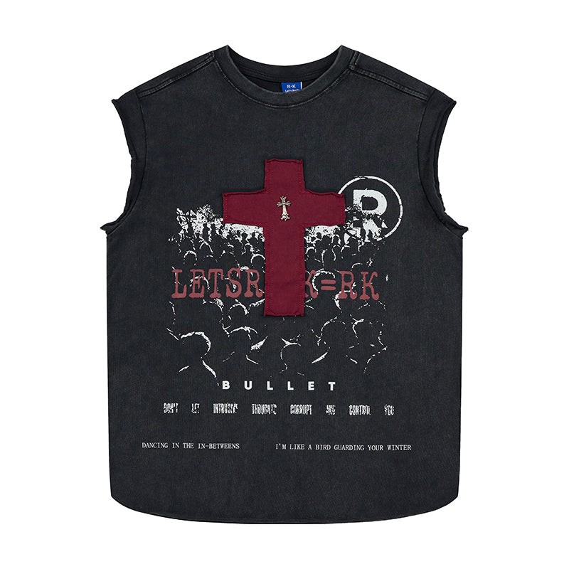 DONOTLOGO Vintage Cross Print Tank Top | Oversized Streetwear Sleeveless Tee for Men | Summer Must-Have