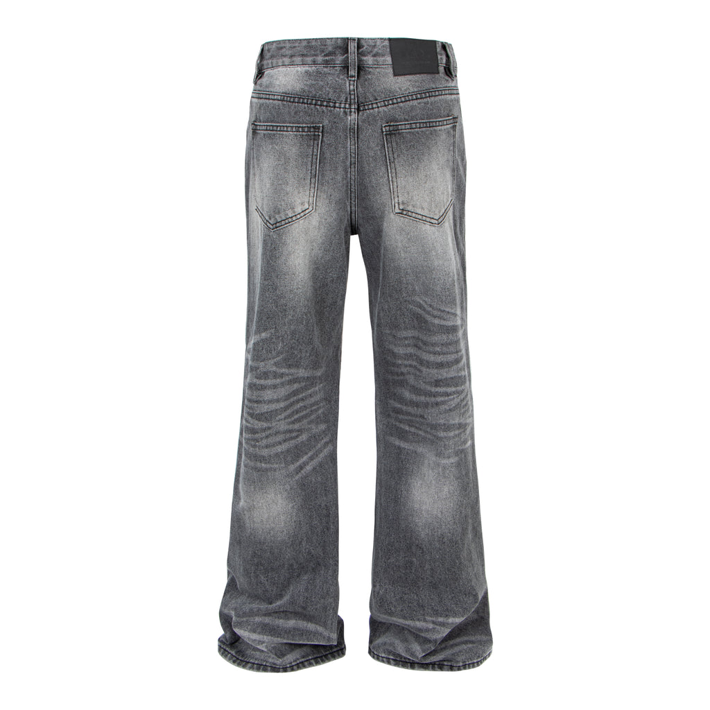 Vintage Washed Whiskered Slub Denim Jeans in Black & Gray