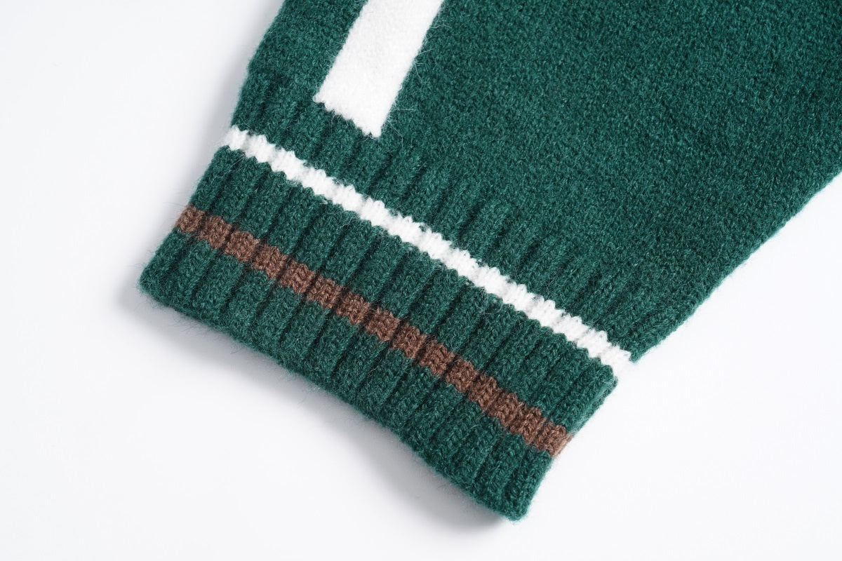 Unisex College-Style Half-Zip Cable Knit Sweater with Color-Block Lines and Stand Collar