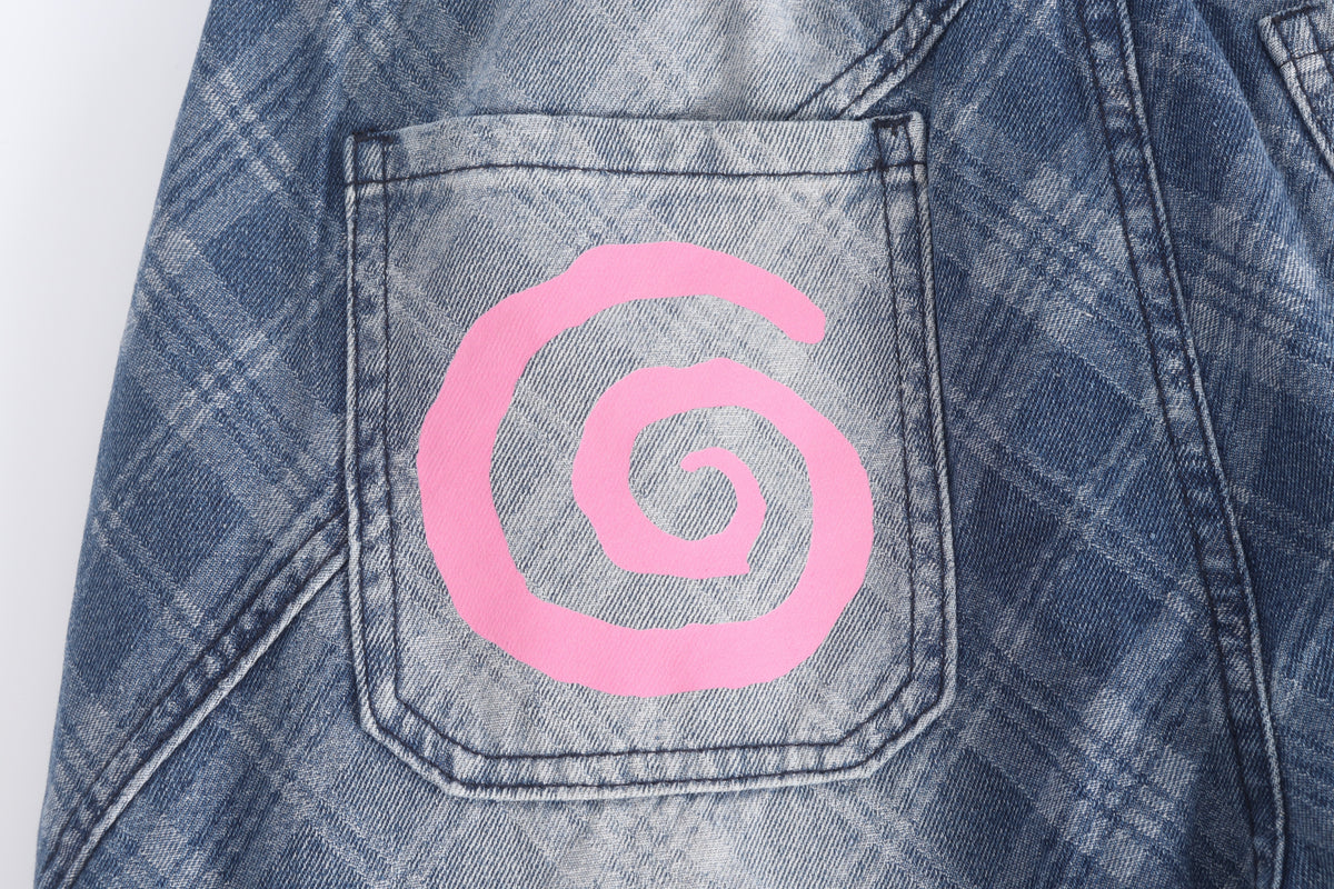DONOTLOGO Streetwear Vibe Aesthetic | Unisex Oversized Baggy Jeans | Acid Wash Plaid Denim with Colorful Patches & Structural Seams