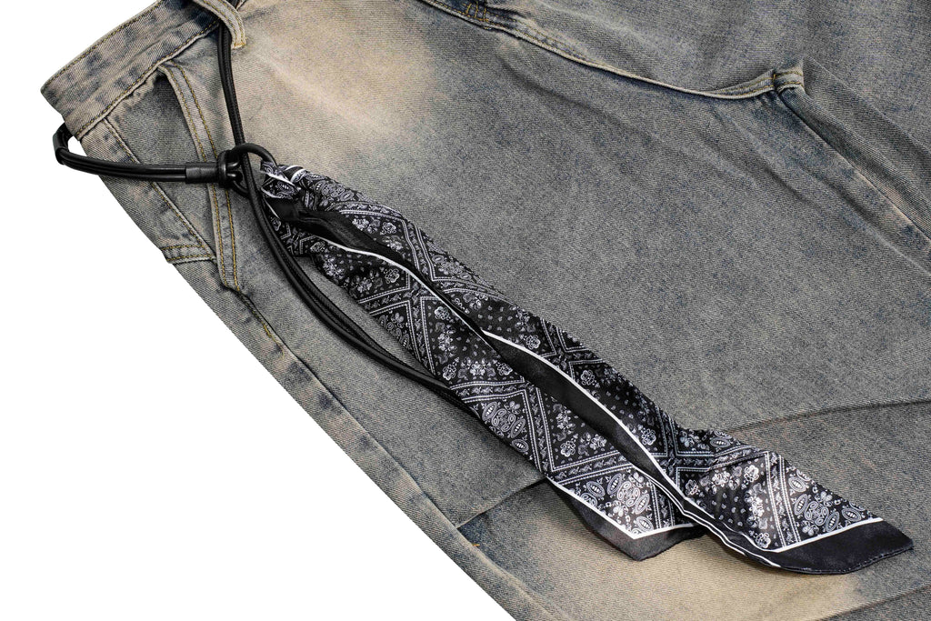DONOTLOGO "Arc Seam" Distressed Denim - American High Street Baggy Jeans with Contrast Wash & Bandana Belt - Oversized Wide Leg Trousers