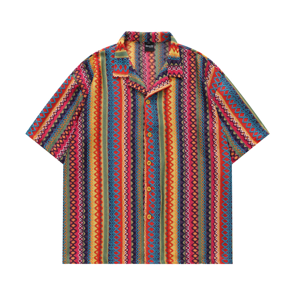 DONOTLOGO 70s Vibe Tribal Knit Shirt | Unisex Y2K Cuban Collar Top with Zigzag Print | High Street Relaxed Fit Summer Blouse