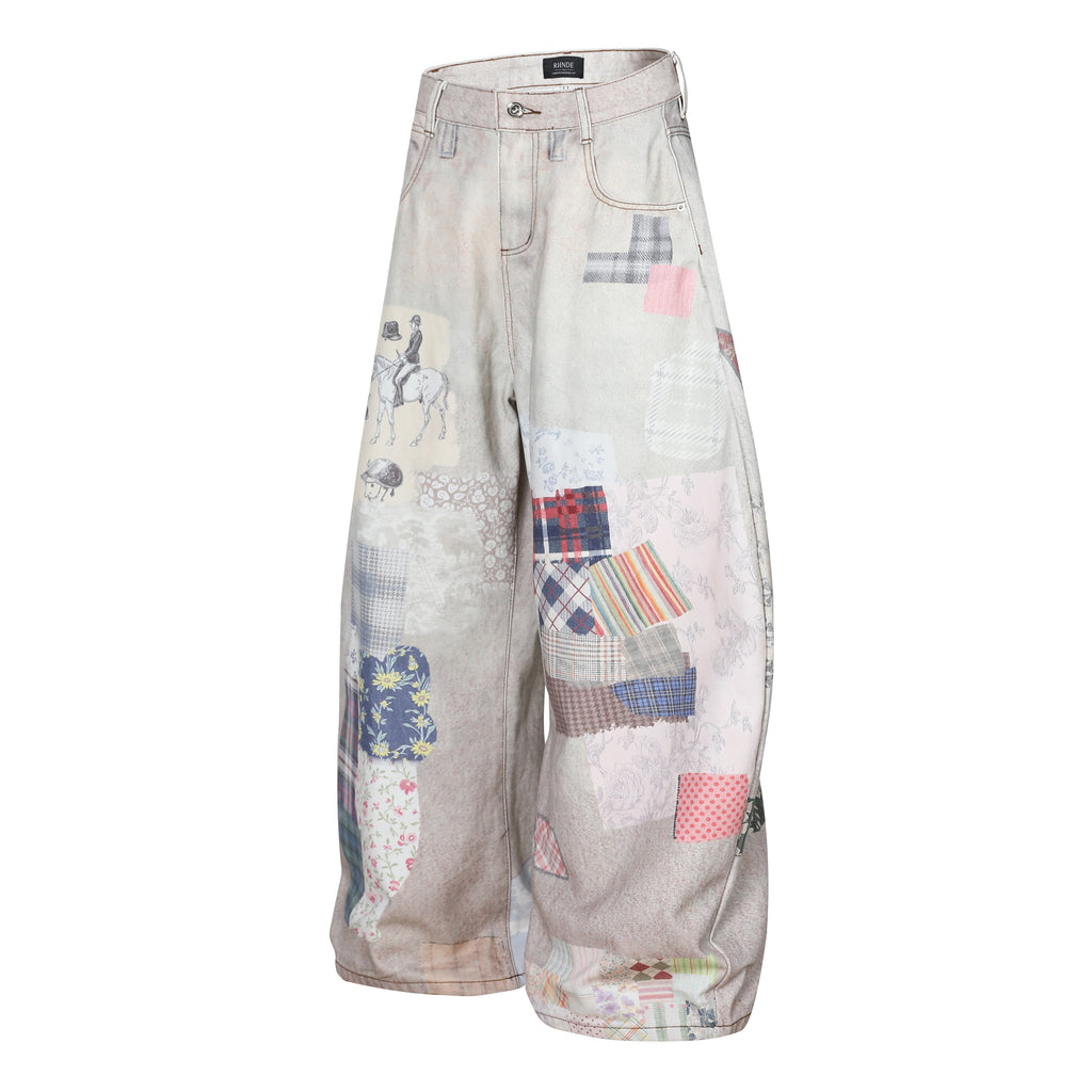 Unisex Distressed 3D Printed Checkered Patchwork Denim Jeans