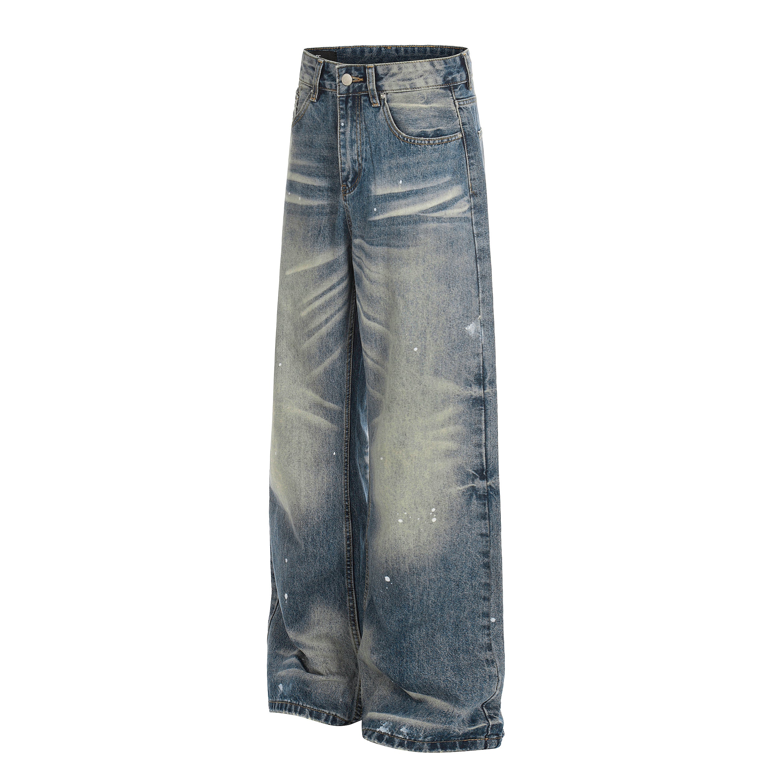 DONOTLOGO Urban Heritage Collection | Unisex Oversized Washed Denim | Retro Aesthetic High-Rise Wide-Leg Bottoms with Authentic Cat Whisker & Splatter Detail