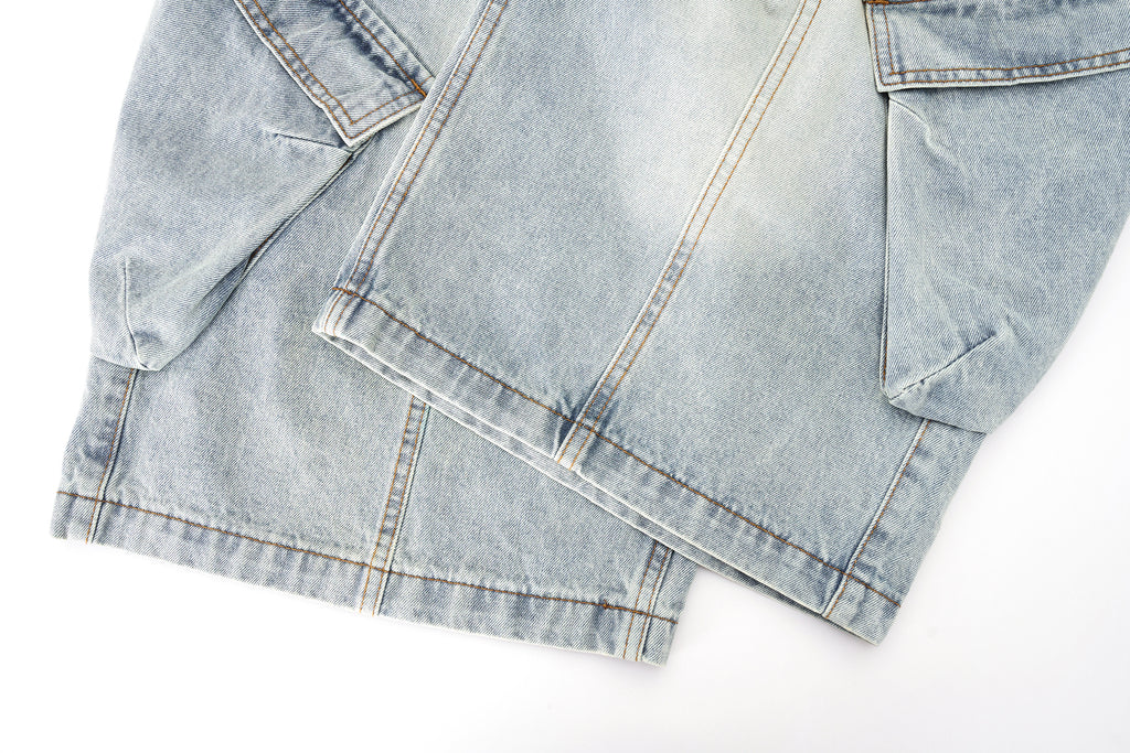 DONOTLOGO Deconstructed Wide Leg Denim Jorts - Raw Edge Patchwork Jean Shorts - Unisex Y2K Grunge Aesthetic Baggy Shorts