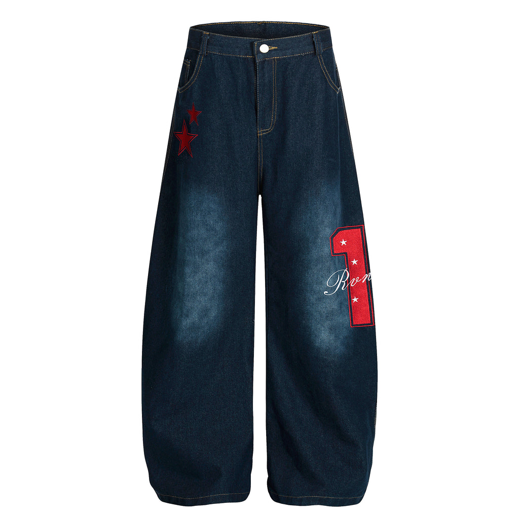 DONOTLOGO Urban Streetwear Collection | Unisex Relaxed Silhouette Jeans | Bold Number & Star Motif & Soft Denim Fabric